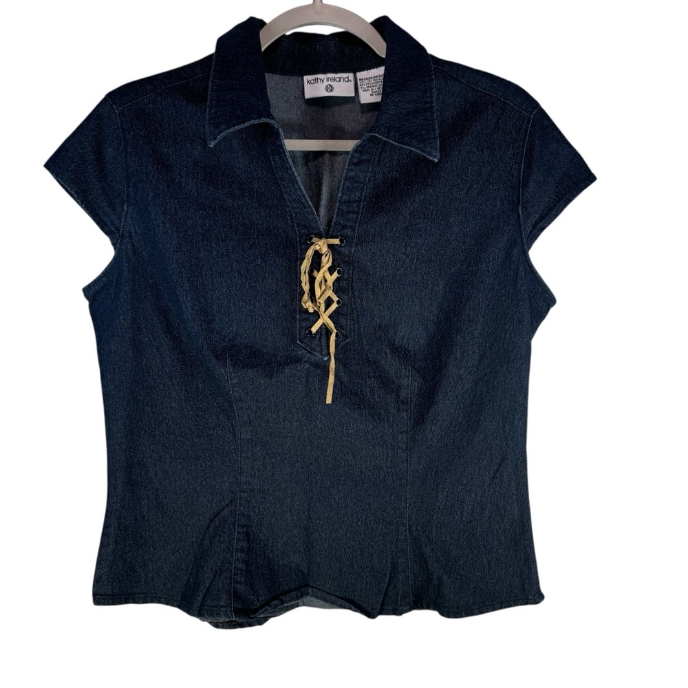 Kathy Ireland Denim Lace-Up Top Medium Y2K Western Corset Jean Blouse